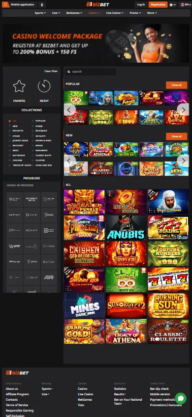 BizBet Casino games screen on a mobile device