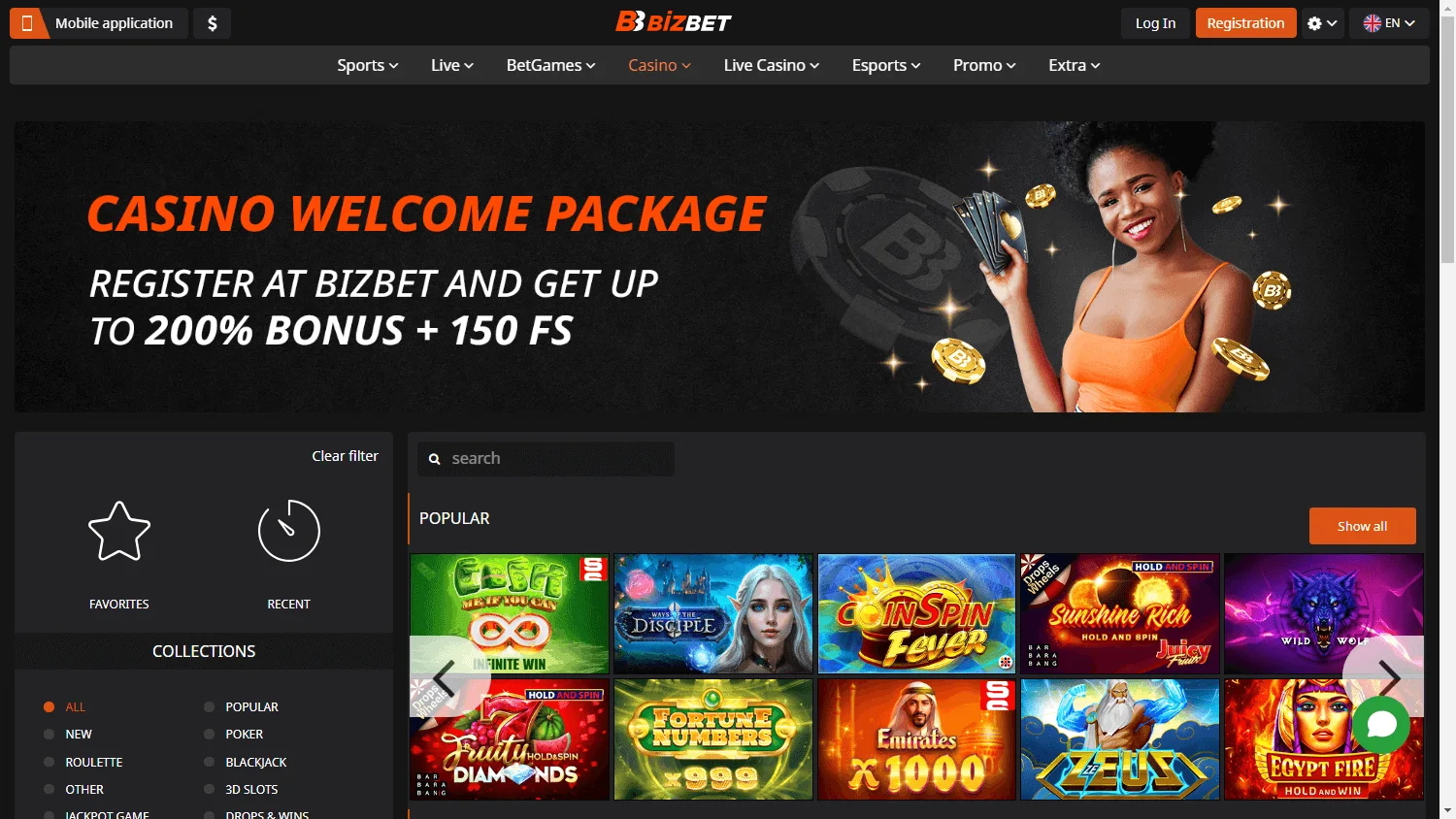 BizBet Casino games screen on desktop