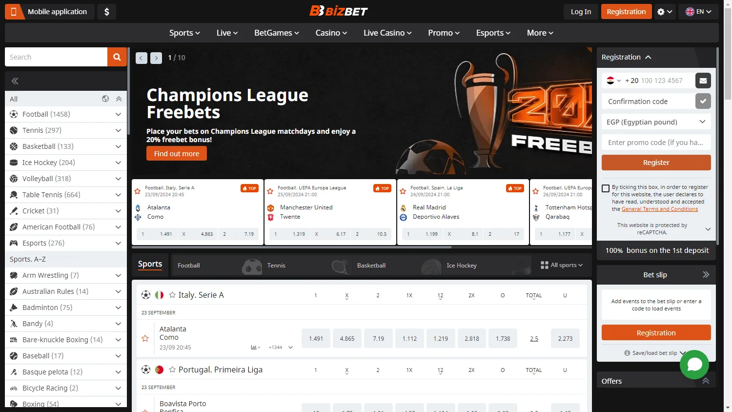 BizBet Casino home screen on desktop