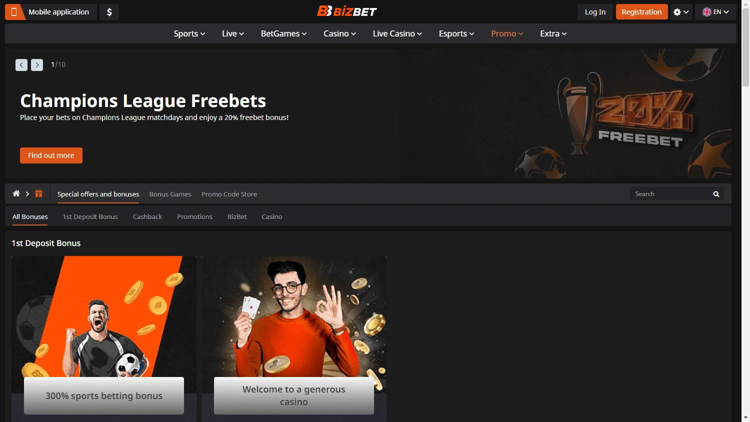 BizBet Casino promotions screen on desktop